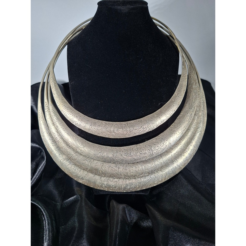 Vintage Hmong Hill Tribe Silver Tone Etched Torque Collar Necklaces Set of 3